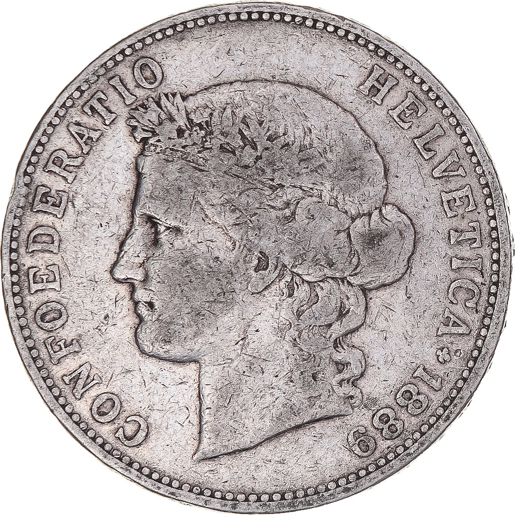 Moneda, Suiza, 5 Francs, 1889, Bern, BC+, Plata, KM:34