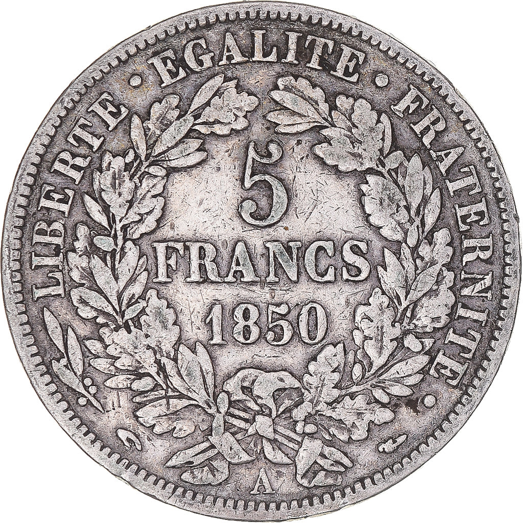 Moneta, Francia, Cérès, 5 Francs, 1850, Paris, MB+, Argento, KM:761.1