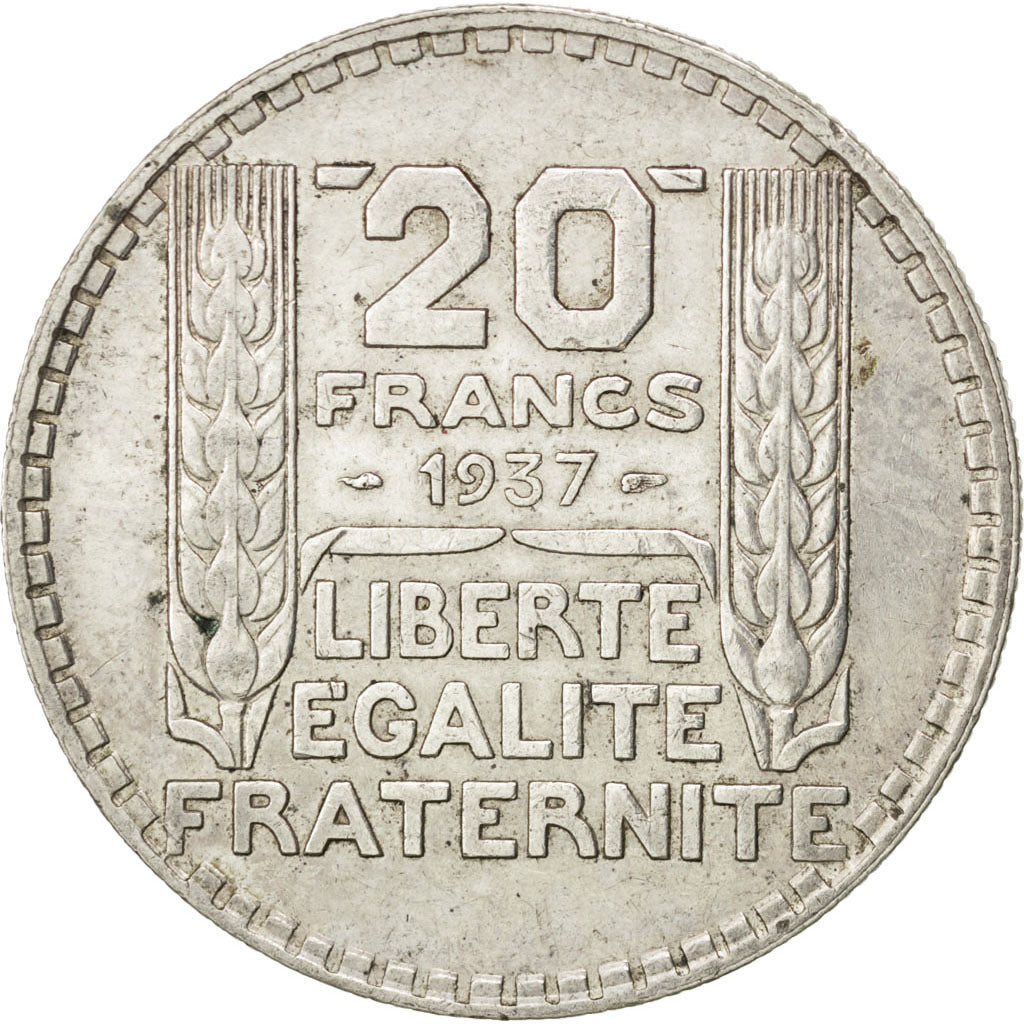 FRANCE, Turin, 20 Francs, 1937, Paris, KM #879, EF(40-45), Silver, 35, Gadoury..