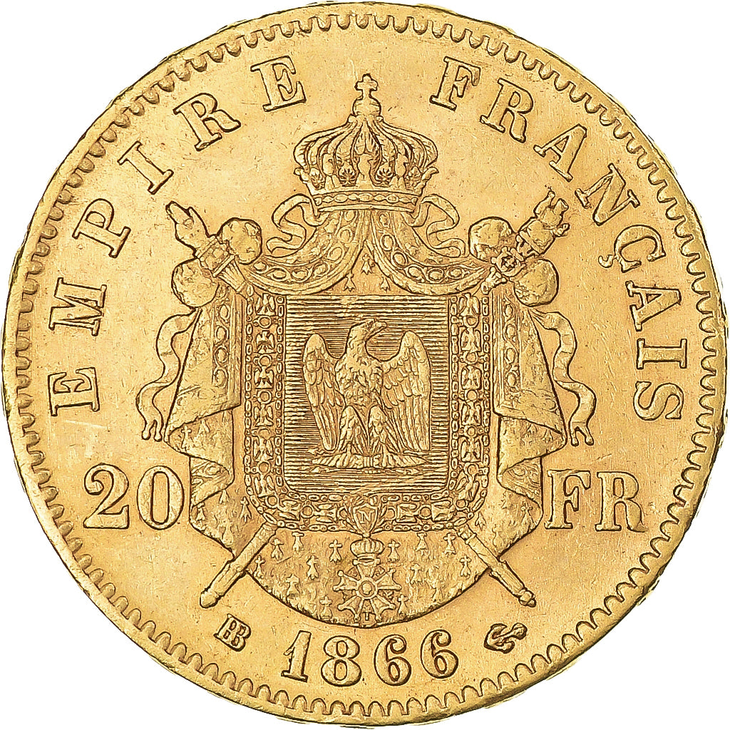 Coin, France, Napoleon III, 20 Francs, 1866, Strasbourg, AU(55-58), Gold