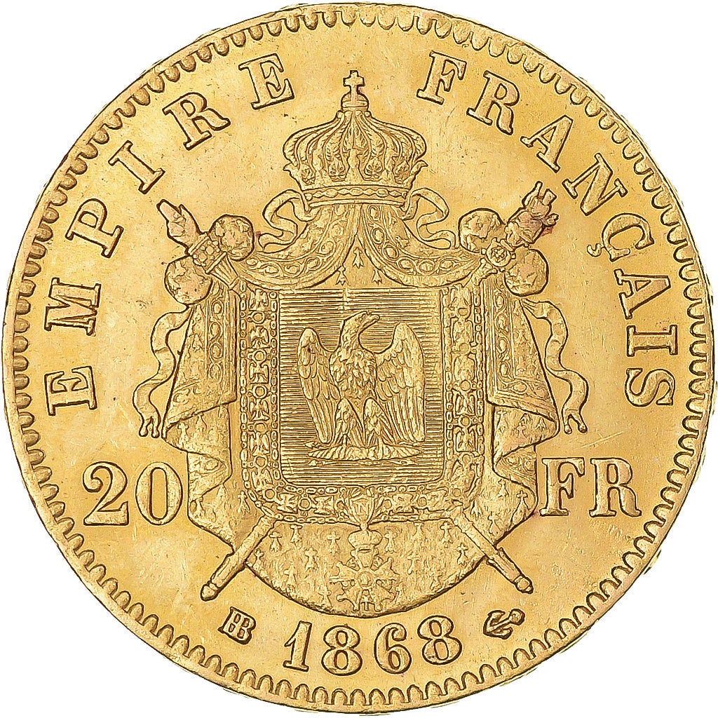 Moneda, Francia, Napoleon III, 20 Francs, 1868, Strasbourg, Clipped, EBC+, Oro