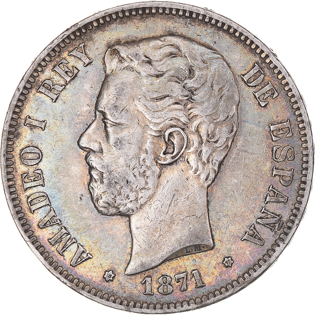 Coin, Spain, Amadeao I, 5 Pesetas, 1871, Madrid, EF(40-45), Silver, KM:666