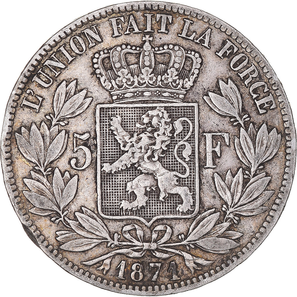 Coin, Belgium, Leopold II, 5 Francs, 5 Frank, 1871, Brussels, VF(30-35), Silver