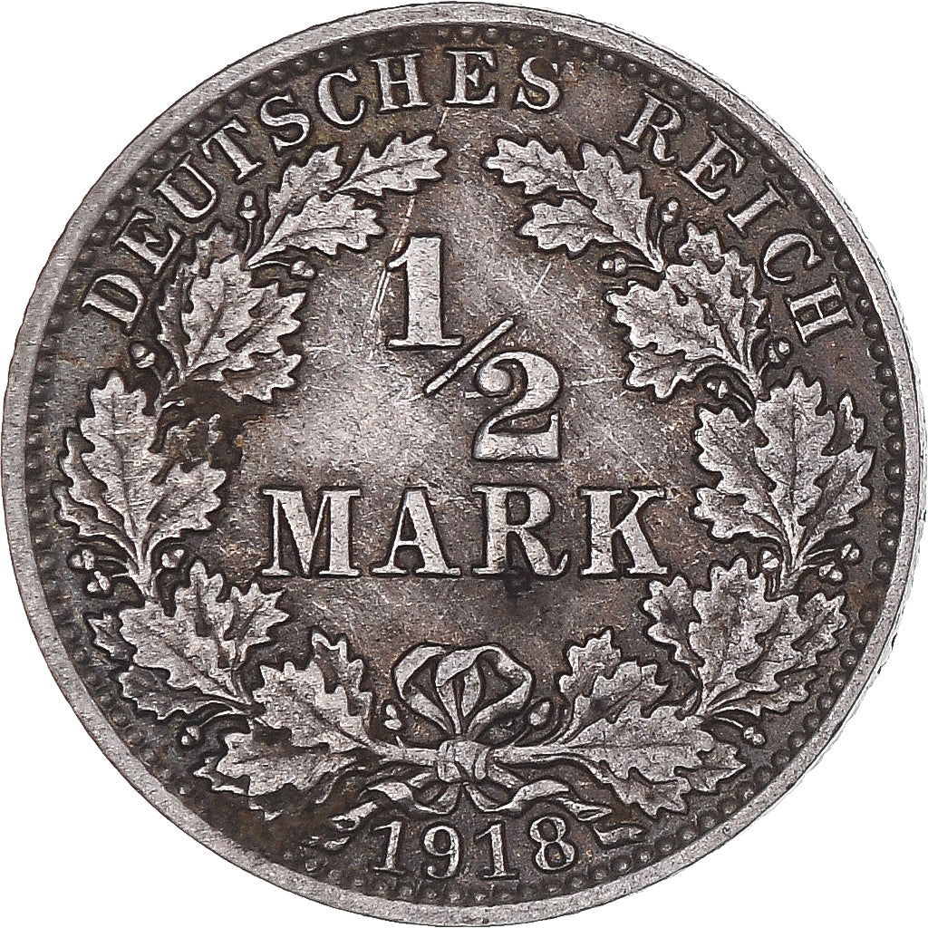GERMANY - EMPIRE, 1/2 Mark, 1918, Berlin, Silver, AU(50-53), KM:17