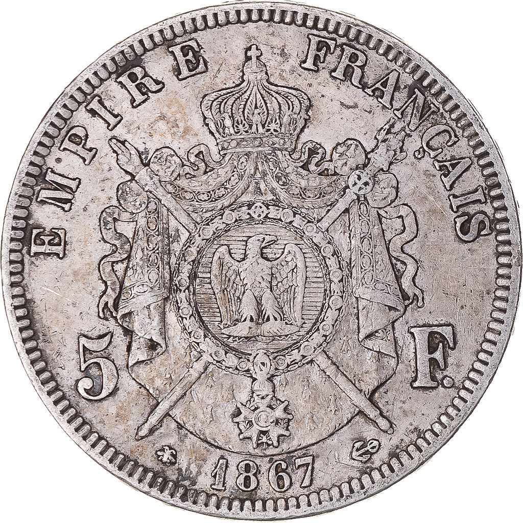 Moneta, Francia, Napoleon III, 5 Francs, 1867, Paris, MB+, Argento, KM:799.1