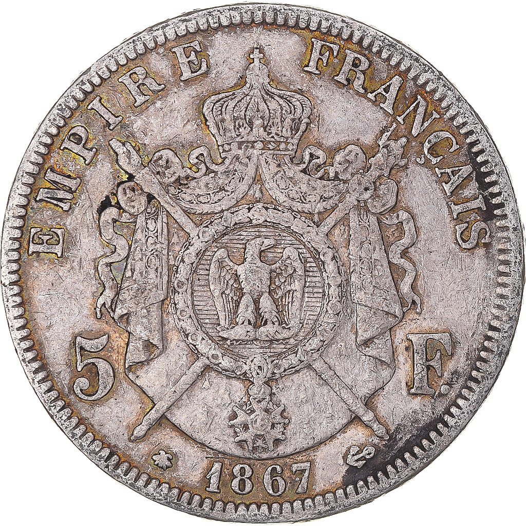 Moneda, Francia, Napoleon III, 5 Francs, 1867, Paris, MBC, Plata, KM:799.1