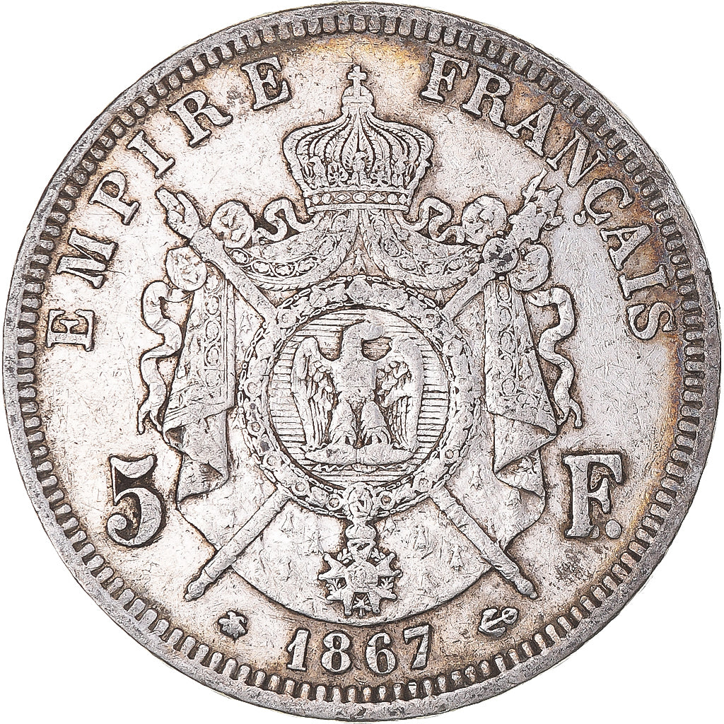 Moneda, Francia, Napoleon III, 5 Francs, 1867, Paris, MBC, Plata, KM:799.1