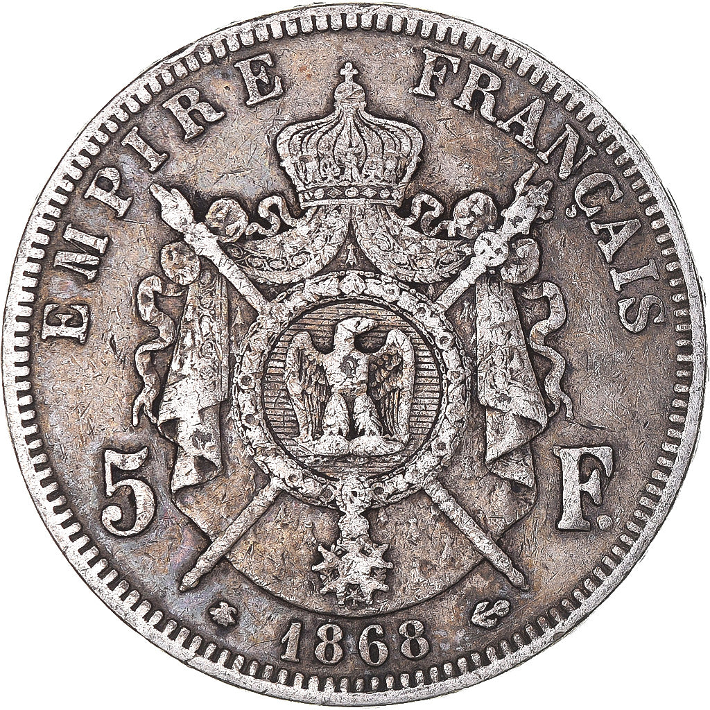 Moeda, França, Napoleon III, 5 Francs, 1868, Paris, VF(30-35), Prata, KM:799.1
