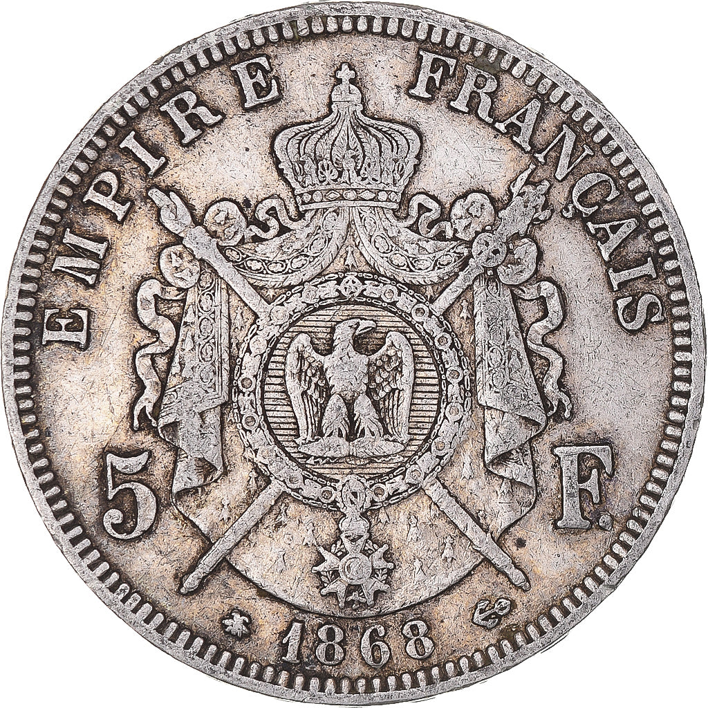 Moeda, França, Napoleon III, 5 Francs, 1868, Paris, VF(30-35), Prata, KM:799.1
