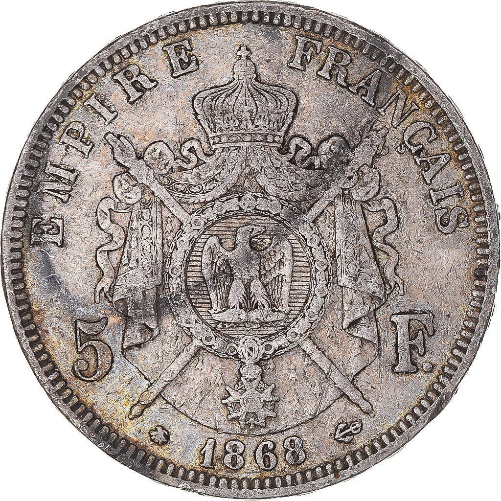 Moneda, Francia, Napoleon III, 5 Francs, 1868, Paris, MBC, Plata, KM:799.1
