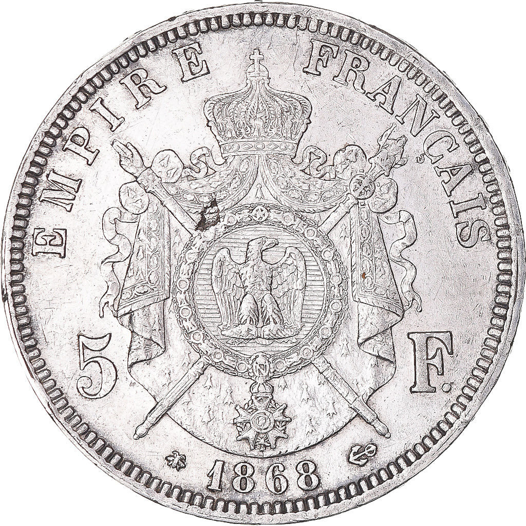 Munten, Frankrijk, Napoleon III, 5 Francs, 1868, Paris, ZF+, Zilver, KM:799.1