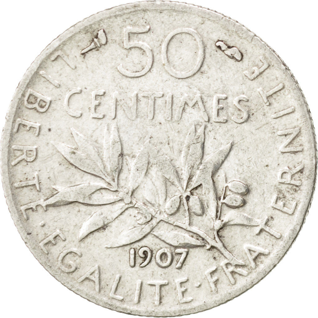 Coin, France, Semeuse, 50 Centimes, 1907, EF(40-45), Silver, KM:854, Gadoury:420