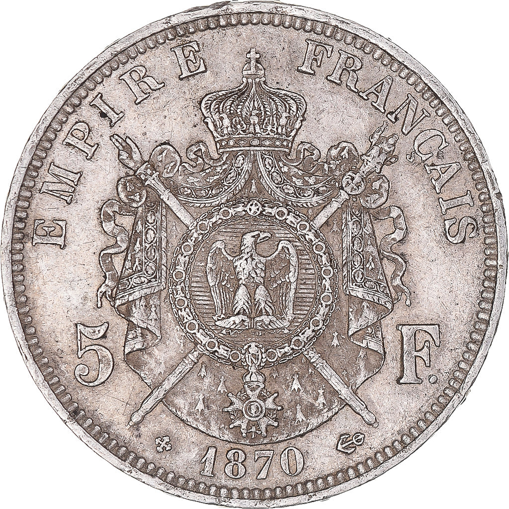 Moneta, Francja, Napoléon III, 5 Francs, 1870, Strasbourg, AU(50-53), Srebro