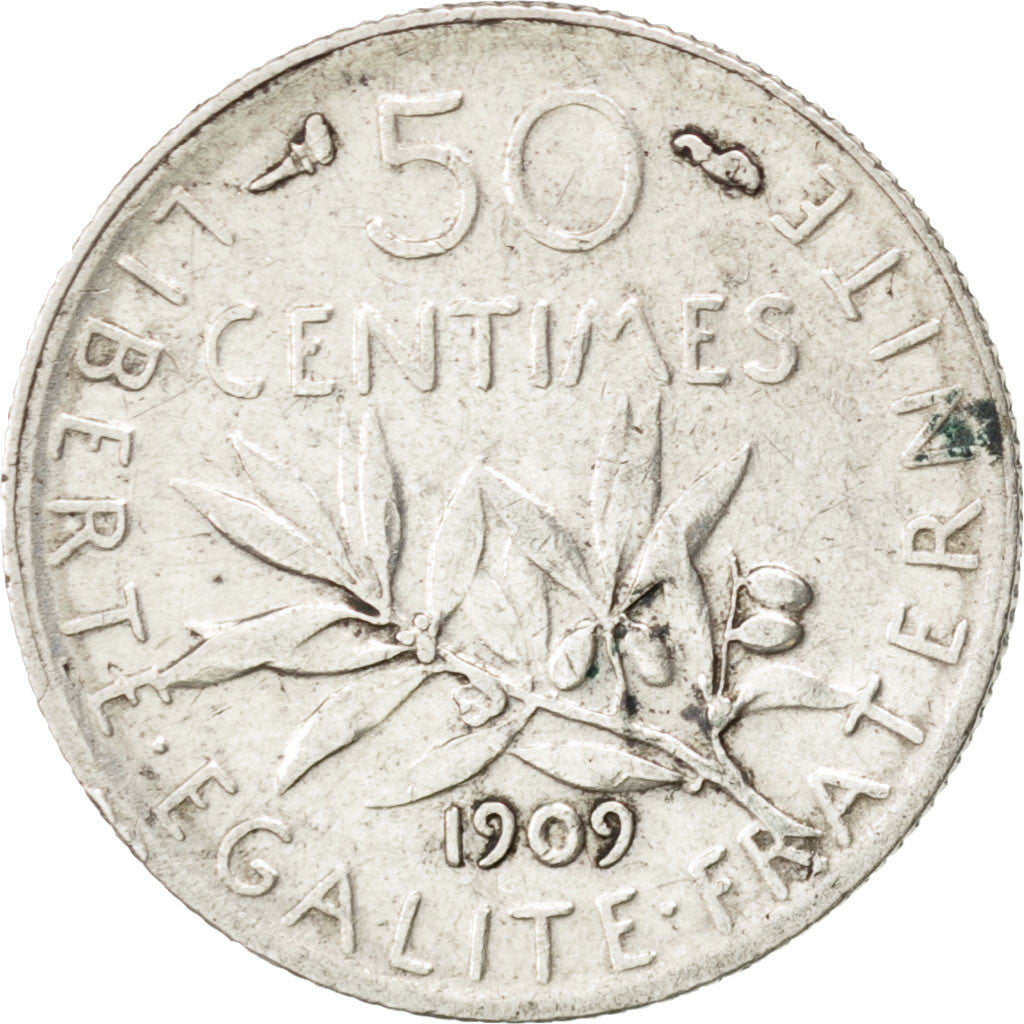 Coin, France, Semeuse, 50 Centimes, 1909, EF(40-45), Silver, KM:854, Gadoury:420
