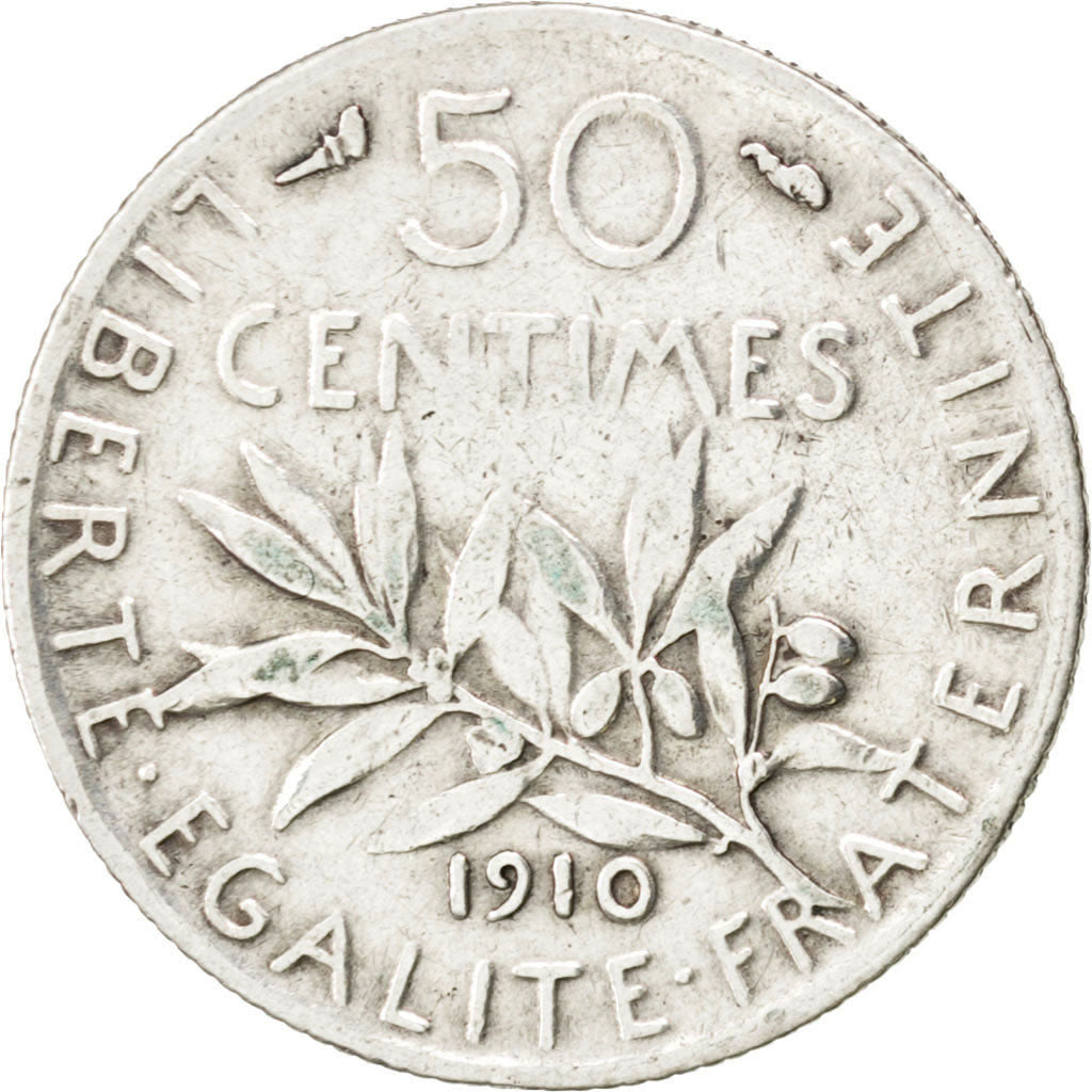 Munten, Frankrijk, Semeuse, 50 Centimes, 1910, ZF, Zilver, KM:854, Gadoury:420