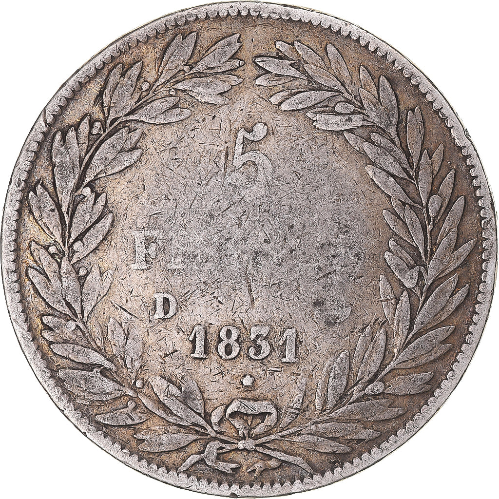 Coin, France, Louis-Philippe, 5 Francs, 1831, Lyon, VF(20-25), Silver, KM:735.4