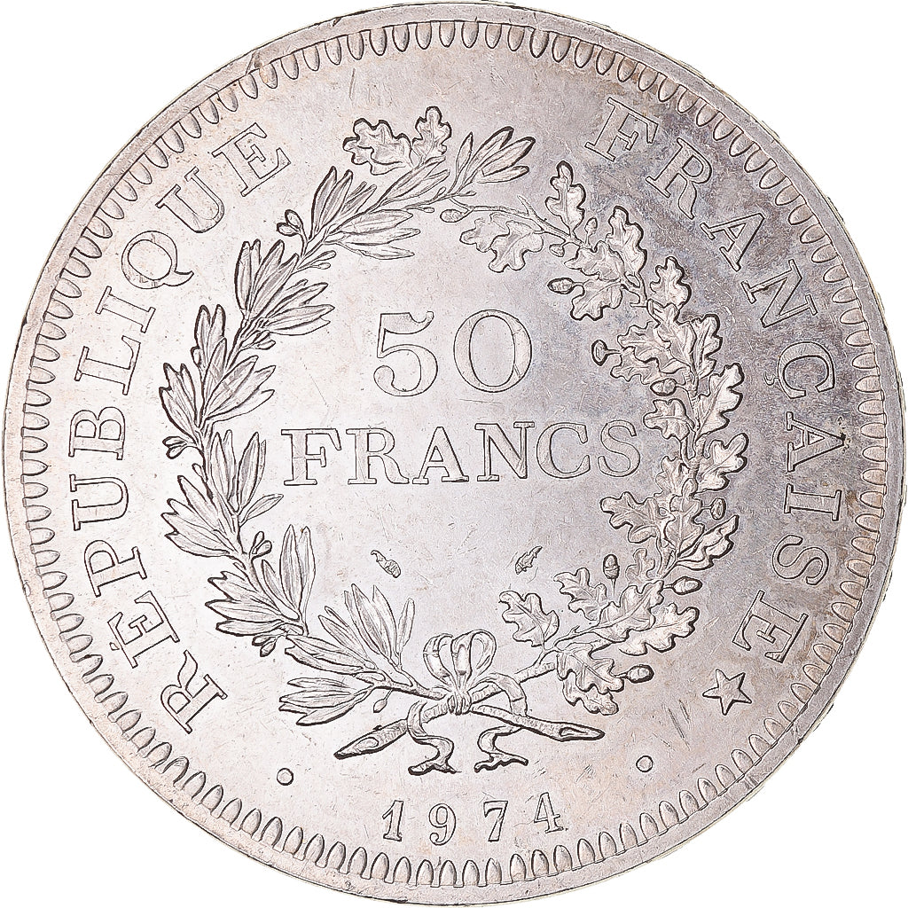 Moeda, França, Hercule, 50 Francs, 1974, Emissão híbrida, AU(55-58), Prata
