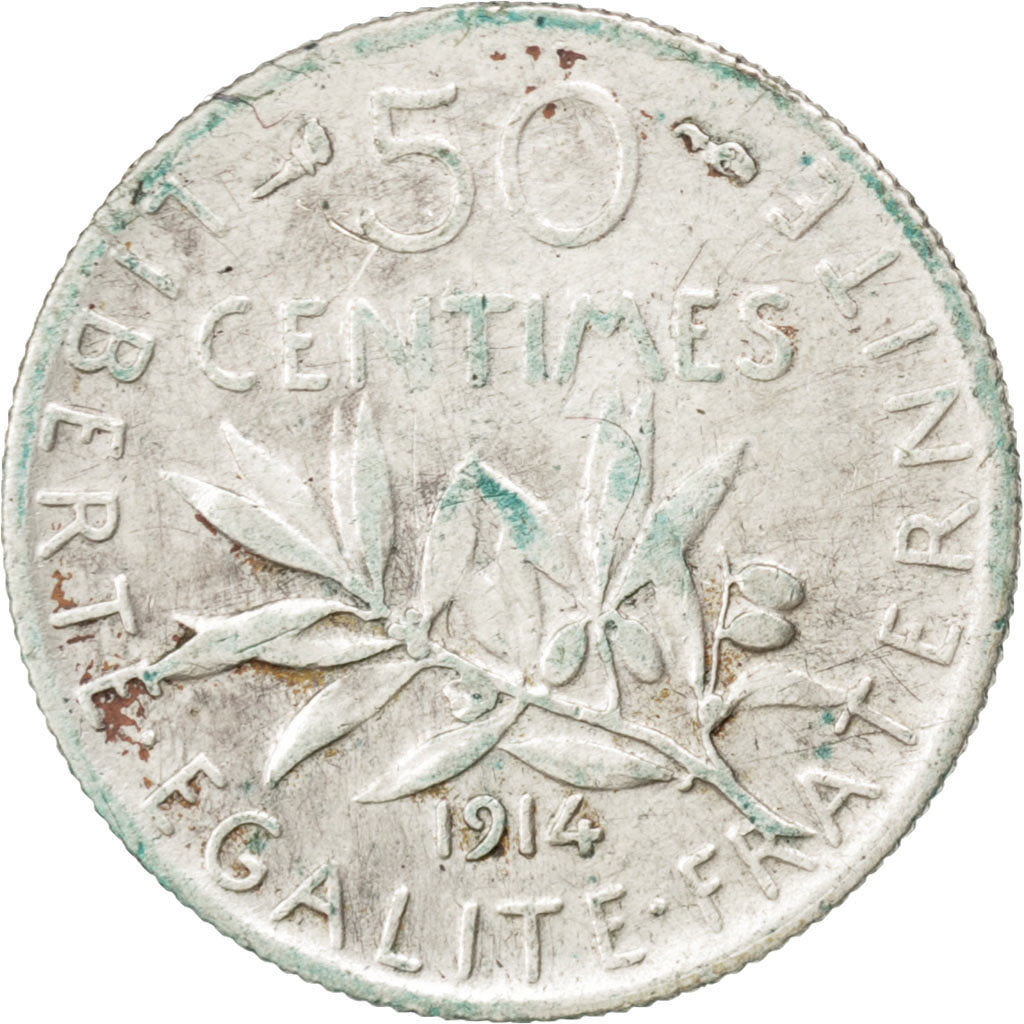 Moneda, Francia, Semeuse, 50 Centimes, 1914, BC+, Plata, KM:854, Gadoury:420
