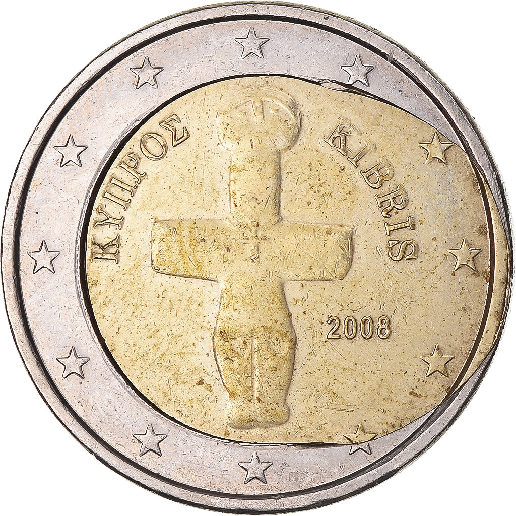 Chipre, 2 Euro, 2008, error misaligned core, MBC+, Bimetálico, KM:85