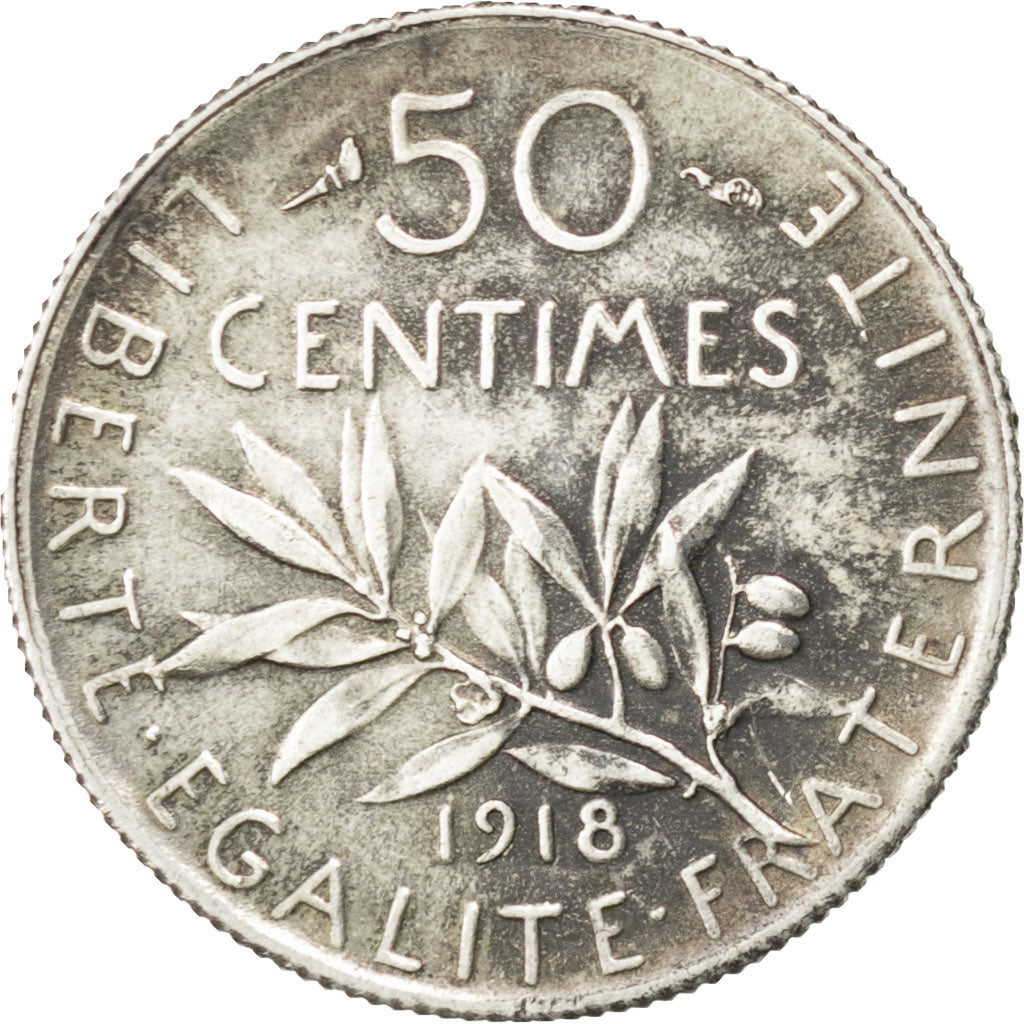 Coin, France, Semeuse, 50 Centimes, 1918, AU(55-58), Silver, KM:854, Gadoury:420
