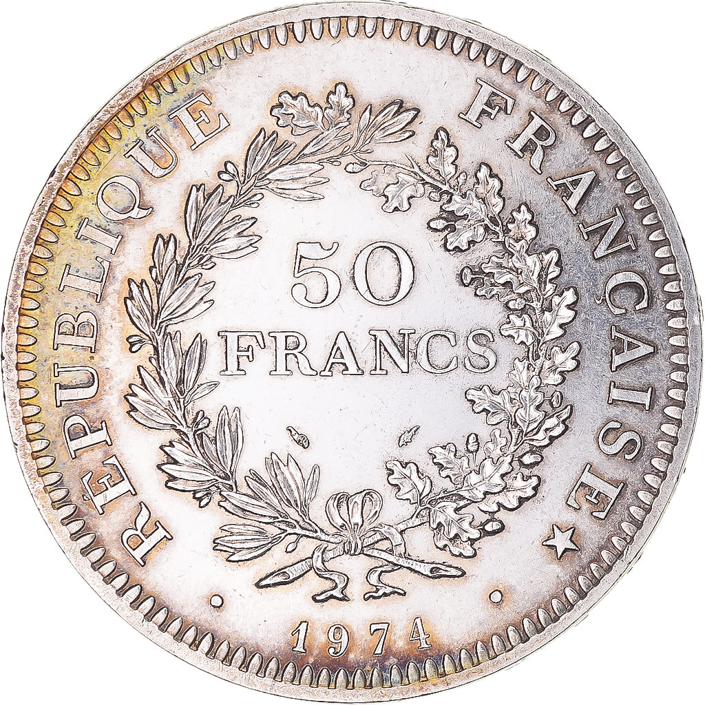 Moeda, França, Hercule, 50 Francs, 1974, Emissão híbrida, AU(55-58), Prata