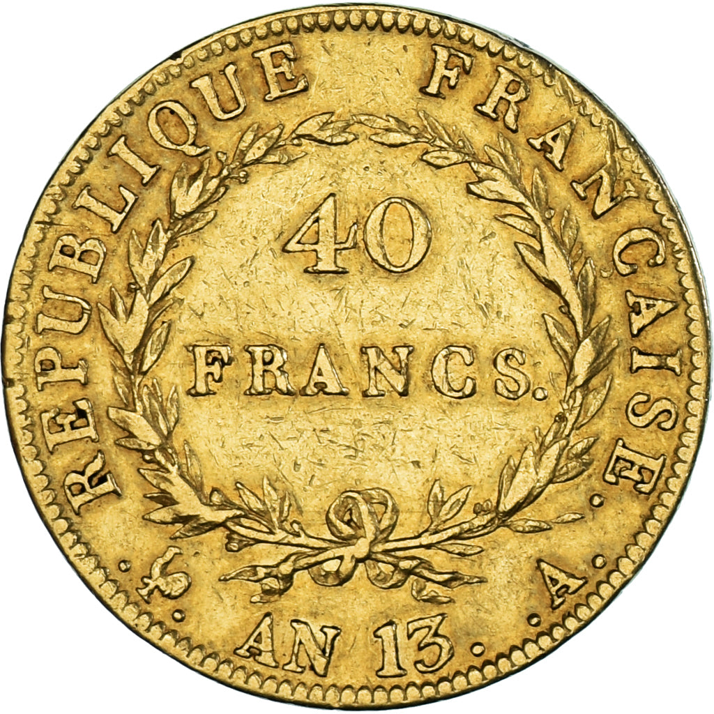 Moneda, Francia, Napoleon I, 40 Francs, AN 13, Paris, BC+, Oro, KM:664.1, Le