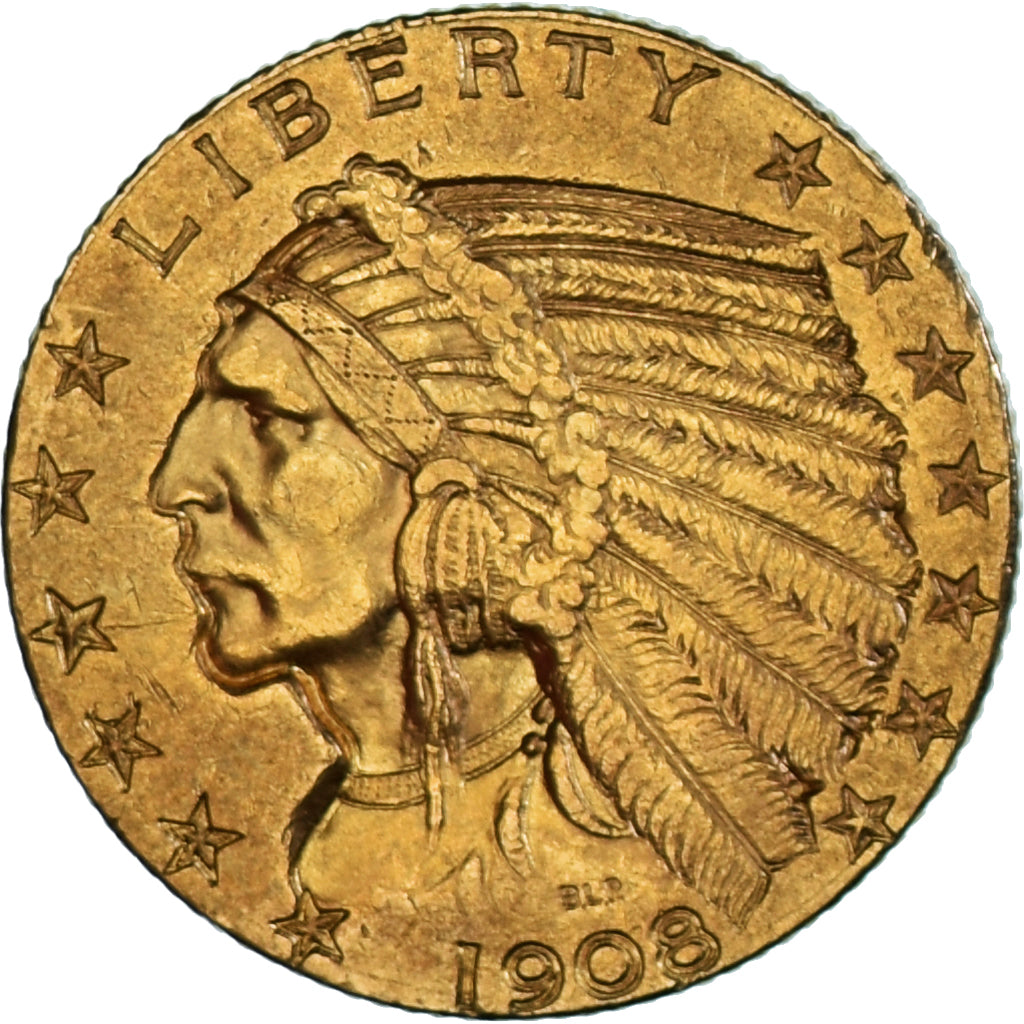 Coin, United States, Indian Head, $5, Half Eagle, 1908, U.S. Mint, Philadelphia