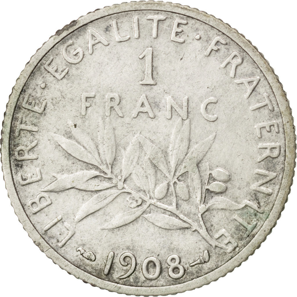 FRANCE, Semeuse, Franc, 1908, Paris, KM #844.1, EF(40-45), Silver, 23, Gadoury..