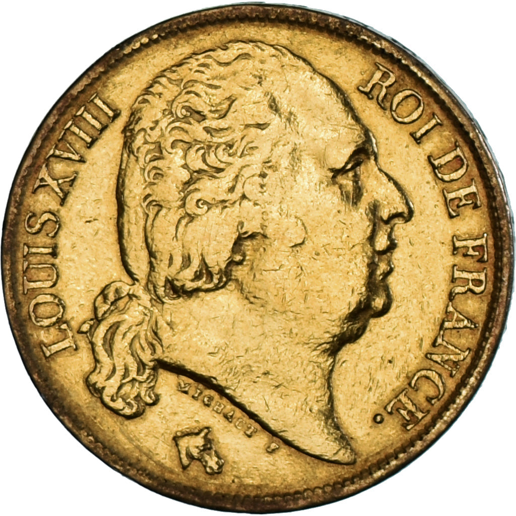 Moneta, Francia, Louis XVIII, 20 Francs, 1824, Paris, MB+, Oro, KM:712.1