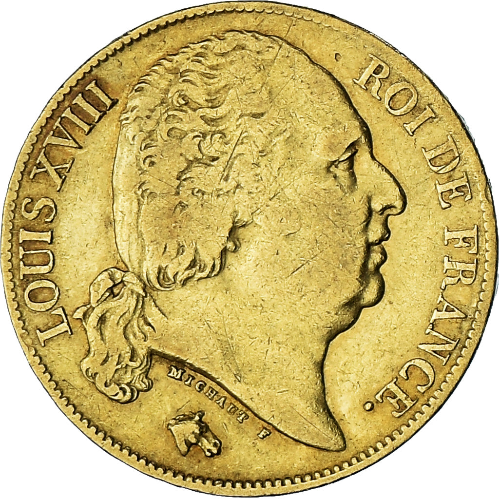 Francia, Louis XVIII, 20 Francs, 1819, Paris, BC+, Oro, KM:712.1