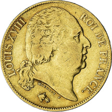 Francia, Louis XVIII, 20 Francs, 1819, Paris, BC+, Oro, KM:712.1