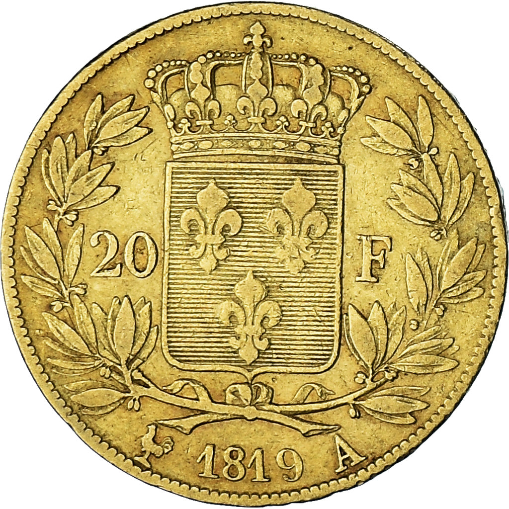 Francia, Louis XVIII, 20 Francs, 1819, Paris, BC+, Oro, KM:712.1