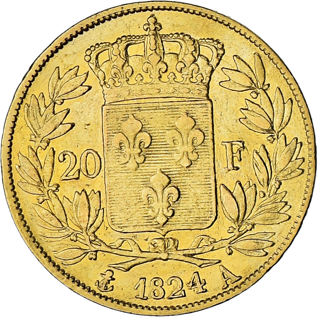 Moneta, Francja, Louis XVIII, 20 Francs, 1824, Paris, EF(40-45), Złoto