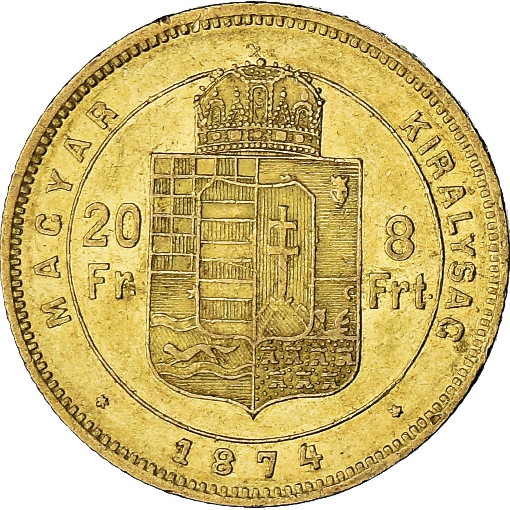 Coin, Hungary, Franz Joseph I, 8 Forint 20 Francs, 1874, Kremnitz, AU(50-53)