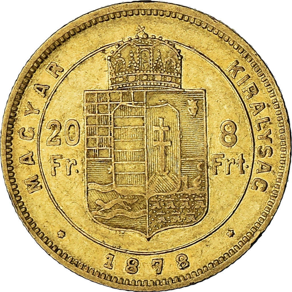 Coin, Hungary, Franz Joseph I, 8 Forint 20 Francs, 1878, AU(50-53), Gold