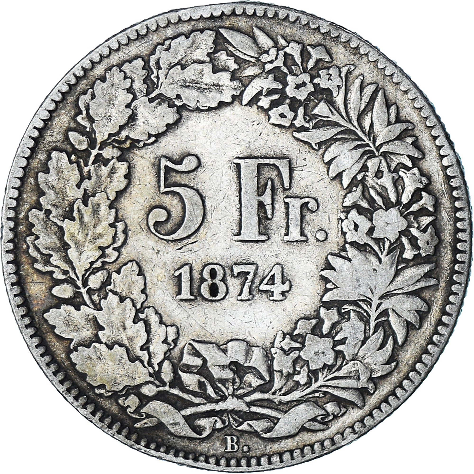 Coin, Switzerland, 5 Francs, 1874, Bruxelles, VF(30-35), Silver, KM:11