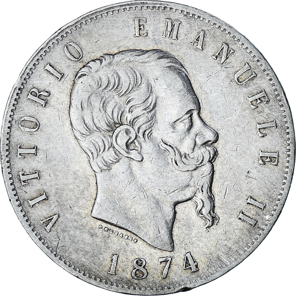 Coin, Italy, Vittorio Emanuele II, 5 Lire, 1874, Milan, EF(40-45), Silver