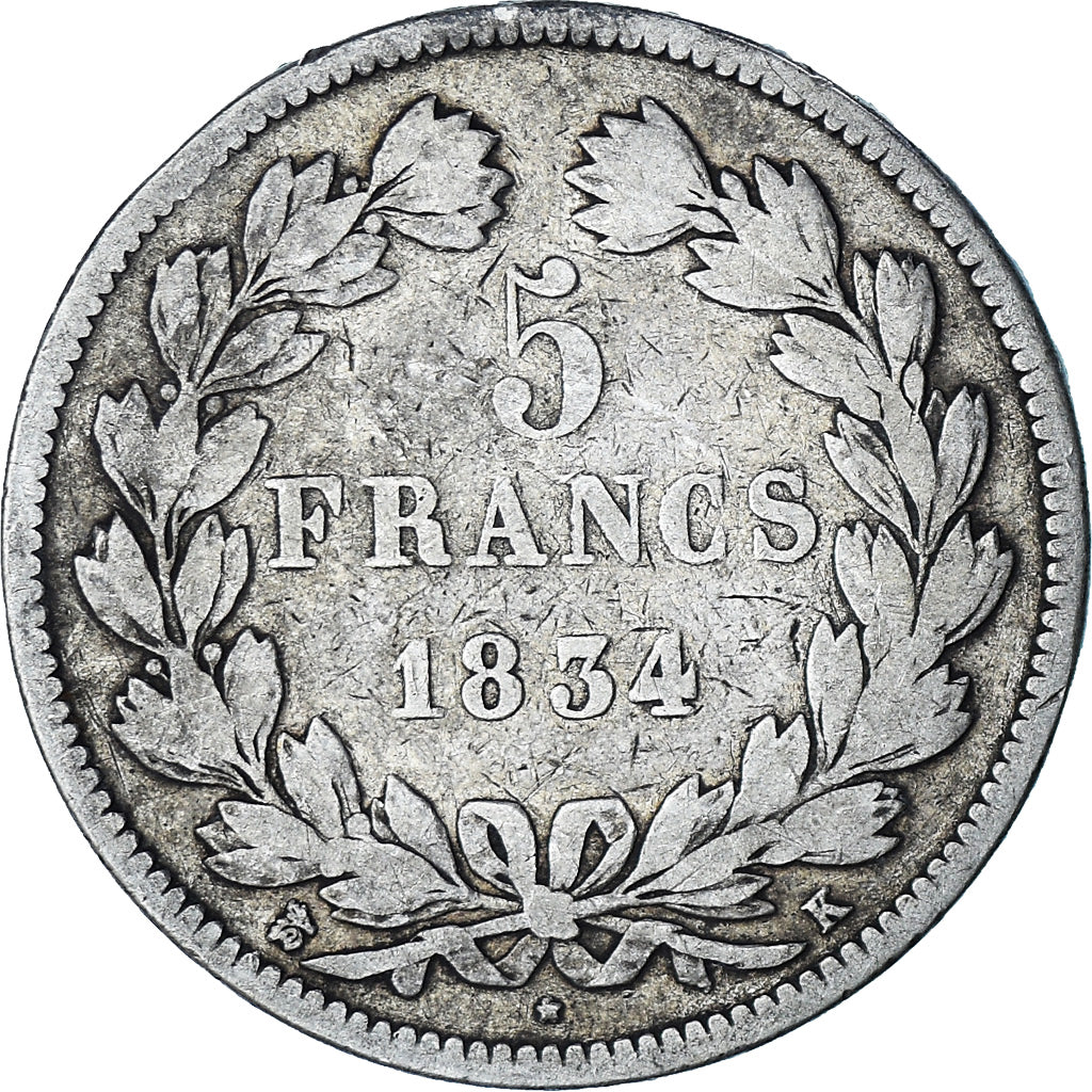 Coin, France, Louis-Philippe, 5 Francs, 1834, Bordeaux, VF(20-25), Silver