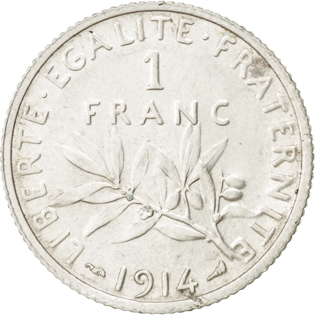 FRANCE, Semeuse, Franc, 1914, Paris, KM #844.1, AU(50-53), Silver, 23, Gadoury..
