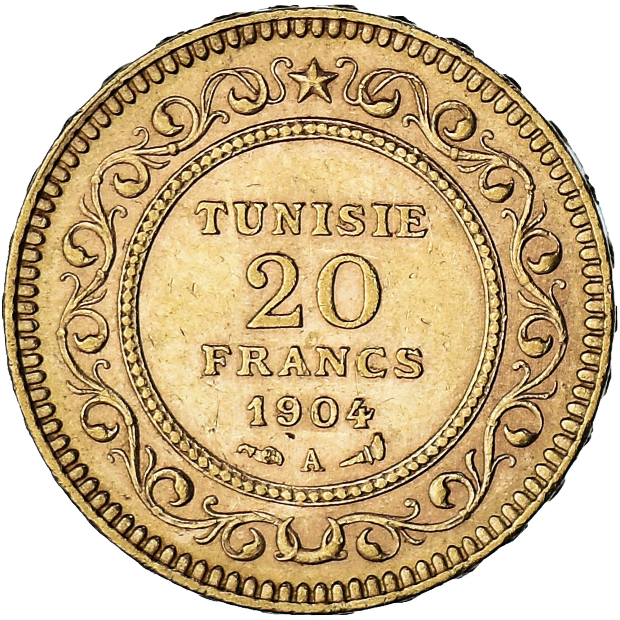 Coin, Tunisia, Muhammad al-Hadi Bey, 20 Francs, 1904, Paris, AU(55-58), Gold