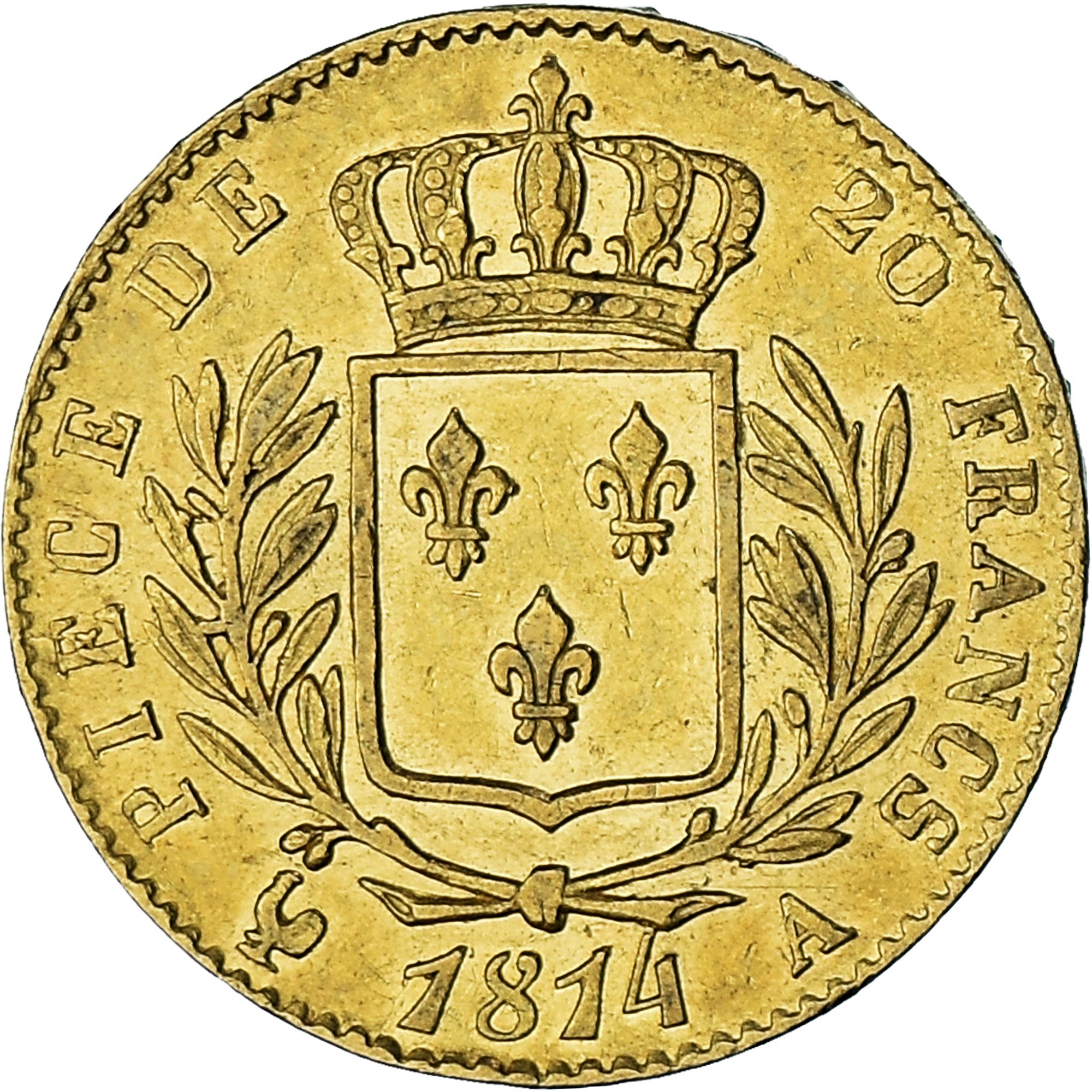 Coin, France, Louis XVIII, 20 Francs, 1814, Paris, AU(50-53), Gold, KM:706.1