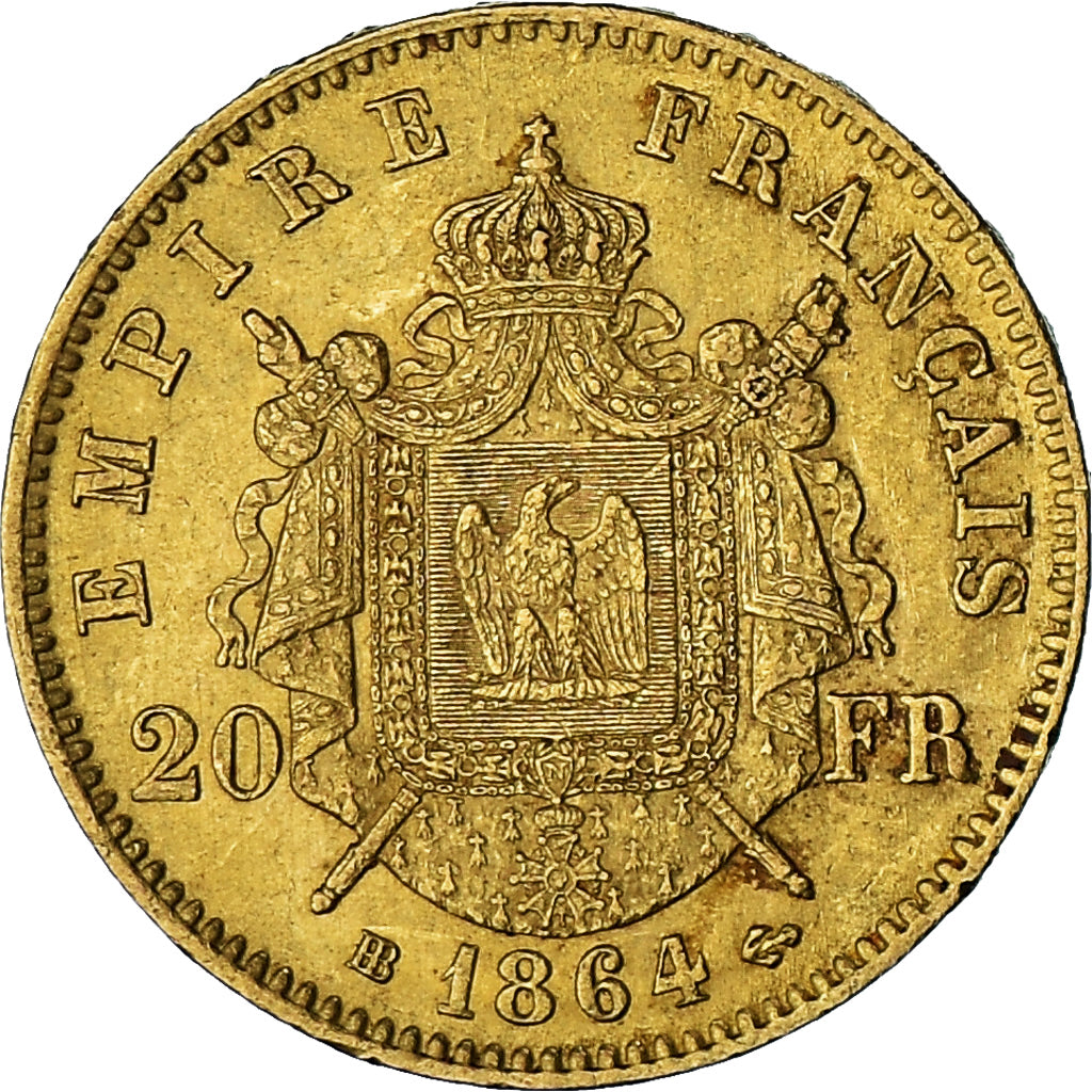 Moneda, Francia, Napoleon III, 20 Francs, 1864, Strasbourg, MBC+, Oro, KM:801.2