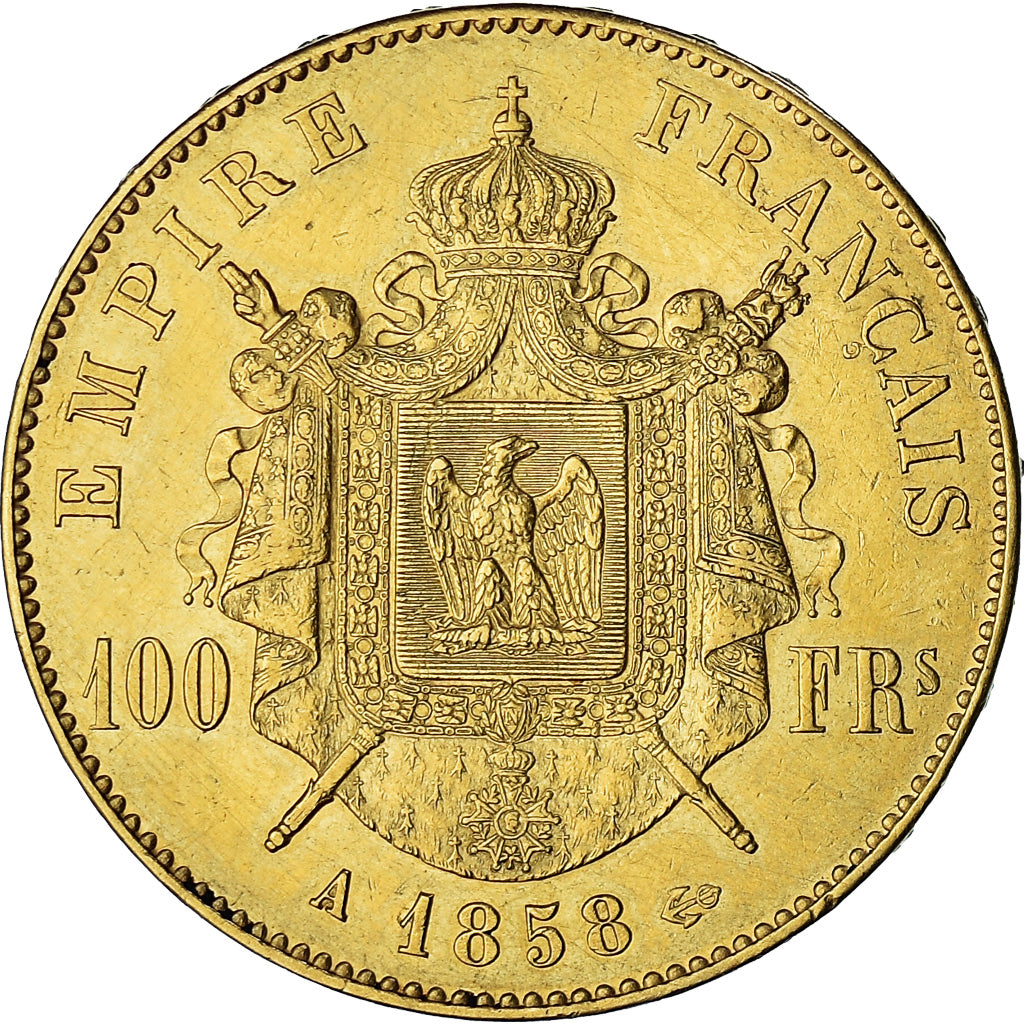 Moneda, Francia, Napoleon III, 100 Francs, 1858, Paris, MBC+, Oro, KM:786.1