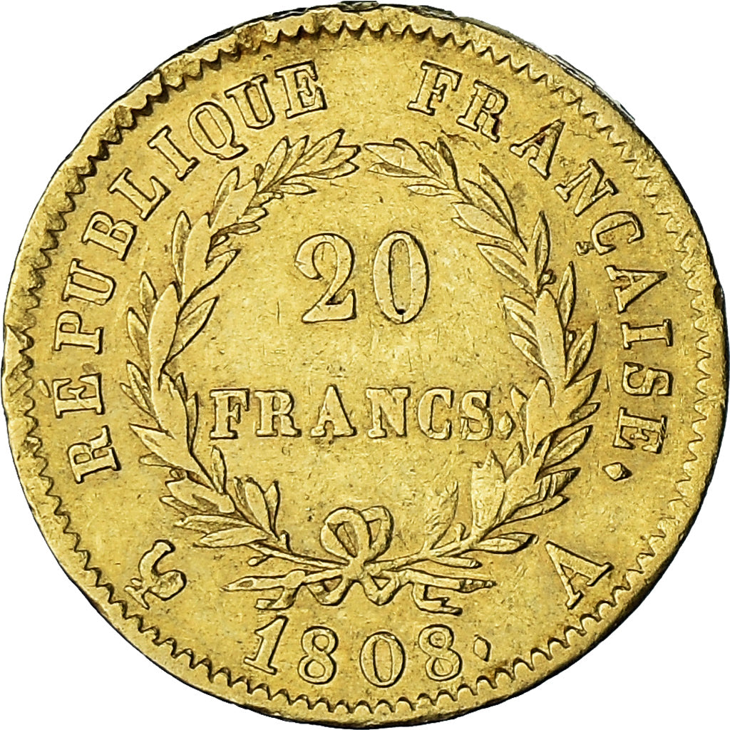 Moneda, Francia, Napoléon I, 20 Francs, 1808, Paris, MBC+, Oro, KM:687.1