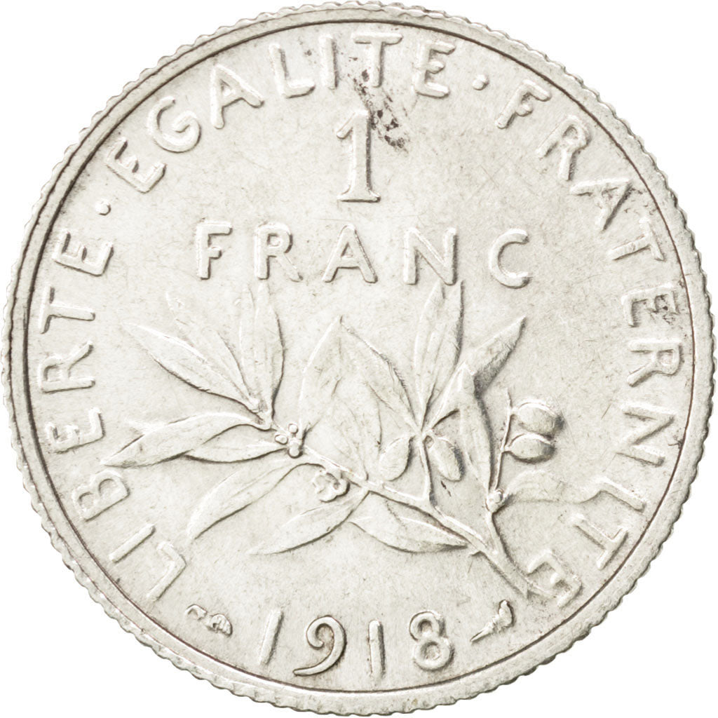 FRANCE, Semeuse, Franc, 1918, Paris, KM #844.1, AU(55-58), Silver, 23, Gadoury..