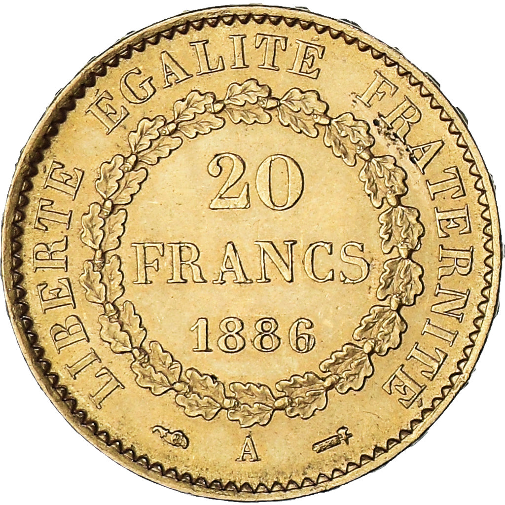 Moeda, França, Génie, 20 Francs, 1886, Paris, MS(63), Dourado, KM:825