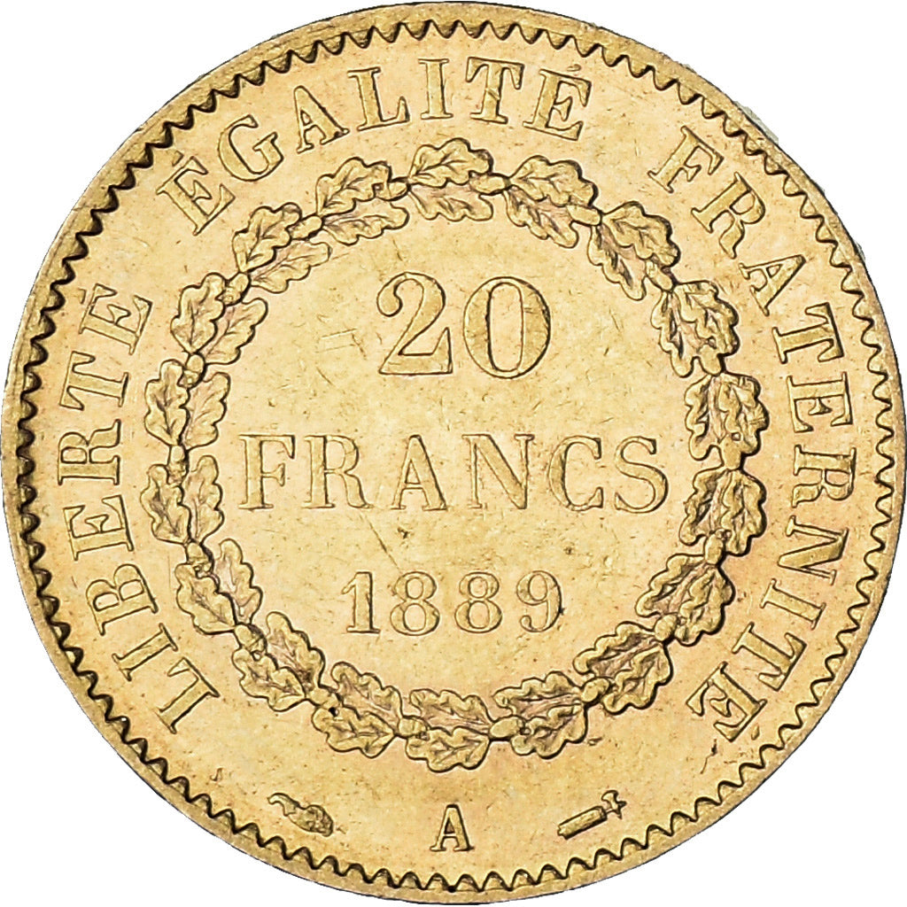 Moneta, Francja, Génie, 20 Francs, 1889, Paris, AU(50-53), Złoto, KM:825