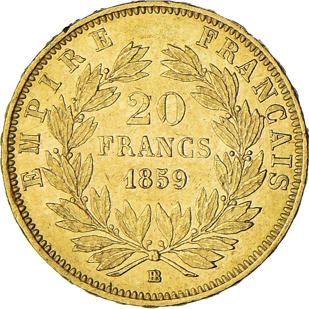 Moneda, Francia, Napoleon III, 20 Francs, 1859, Strasbourg, MBC, Oro, KM:781.2
