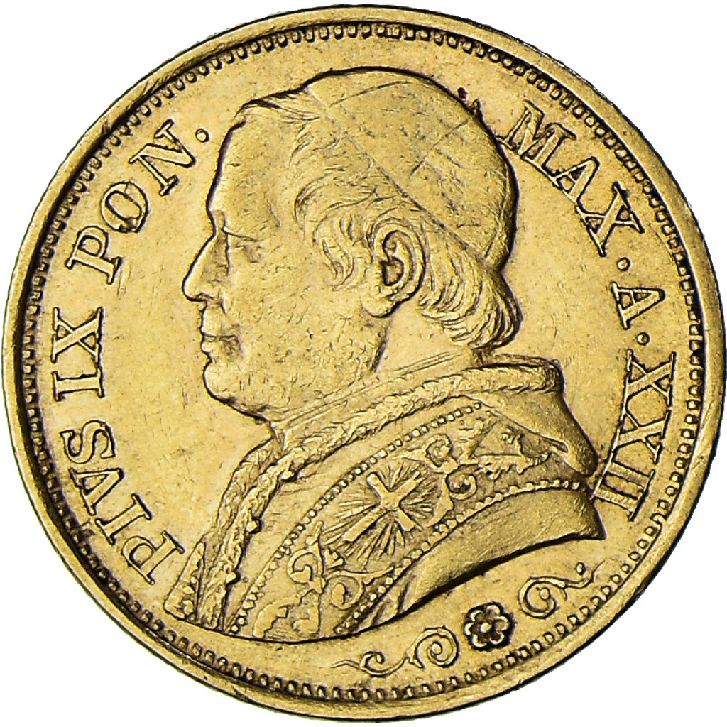 Moneda, Estados italianos, PAPAL STATES, Pius IX, 20 Lire, 1868, Roma, MBC, Oro