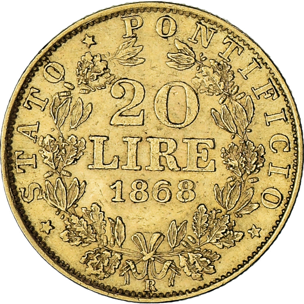 Moneda, Estados italianos, PAPAL STATES, Pius IX, 20 Lire, 1868, Roma, MBC, Oro